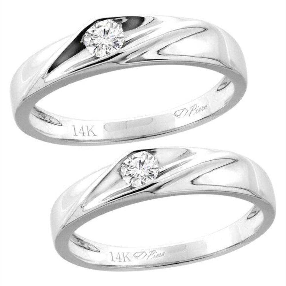 14K White Gold Solitaire 2-pc Diamond Wedding Ring Set 4 mm His & 3 mm Hers